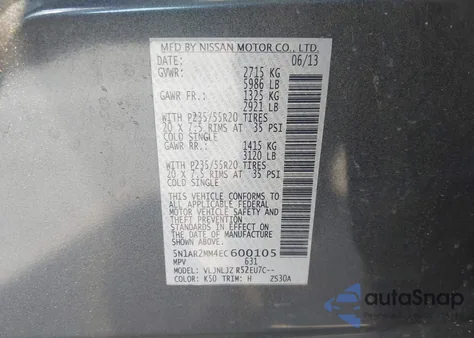 2014 Nissan Pathfinder Platinum z USA, uszkodzony, nr VIN 5N1AR2MM4EC600105